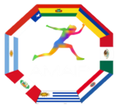 Persona en movimiento logo de amaip rodeada de banderas de diferentes paises